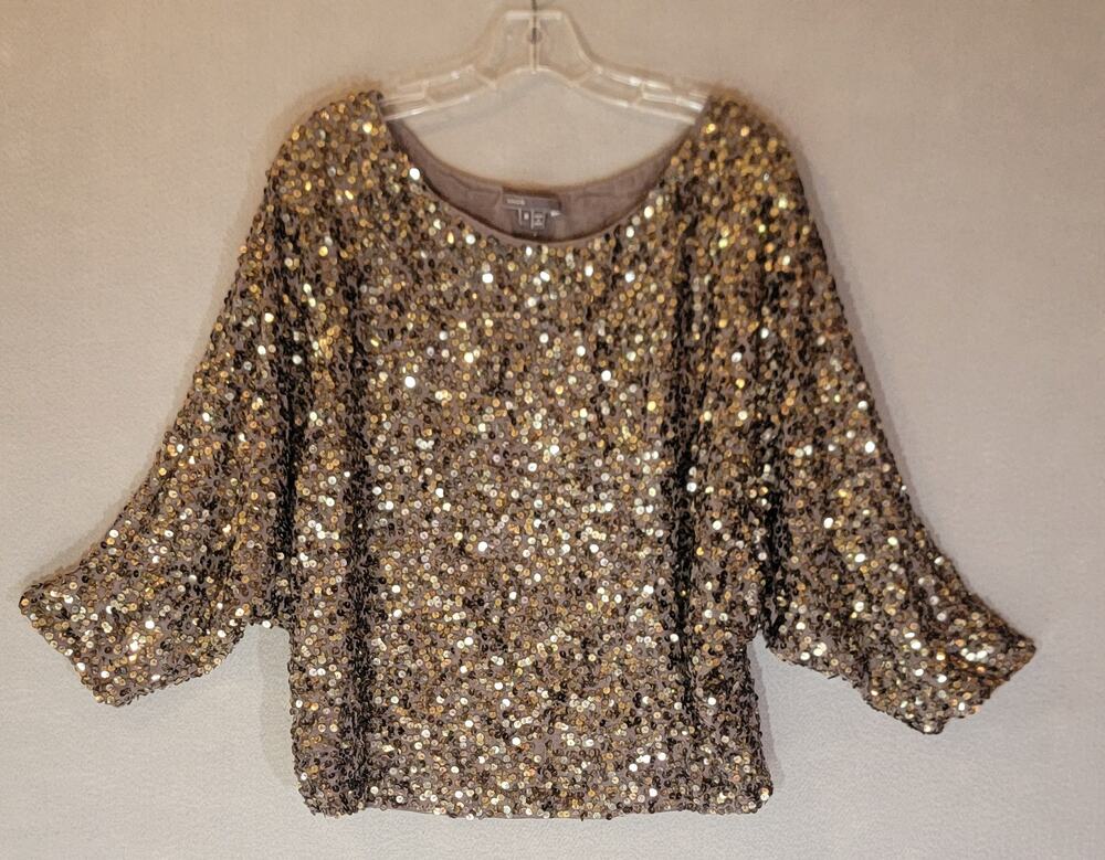 Vince Antique Gold Sequin Dolman Sleeve Top Metallic Party Womens Medium M